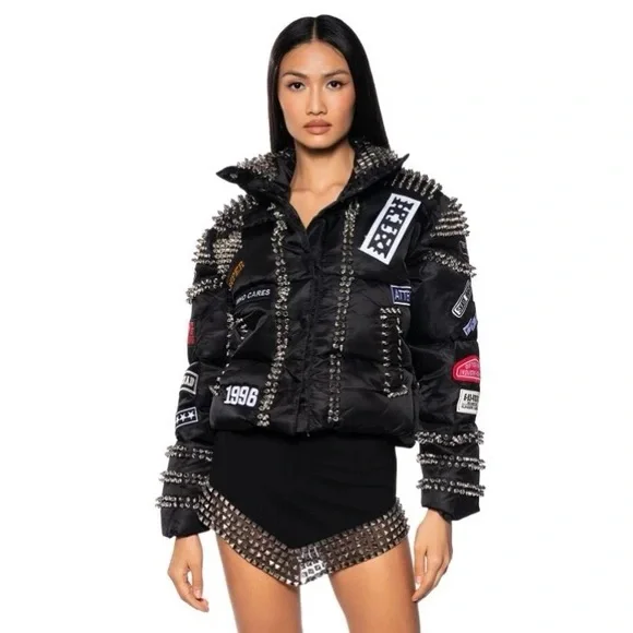 ACDC SPIKED PATCH PUFFER COAT IN BLACK NWT - Picture 16 of 16